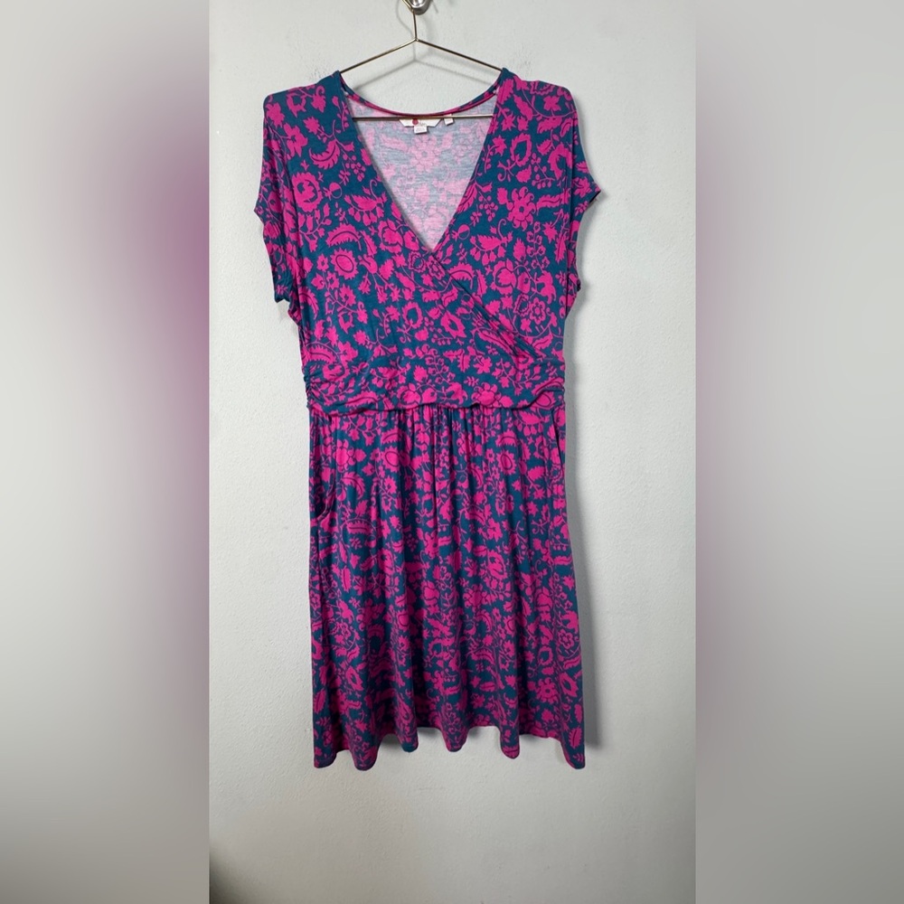 Boden Lola Wrap Jersey Dress Pink Navy Blue Floral Size 12P - Picture 4 of 13